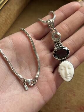 Sterling Silver Carved Shell Face Pendant Necklace